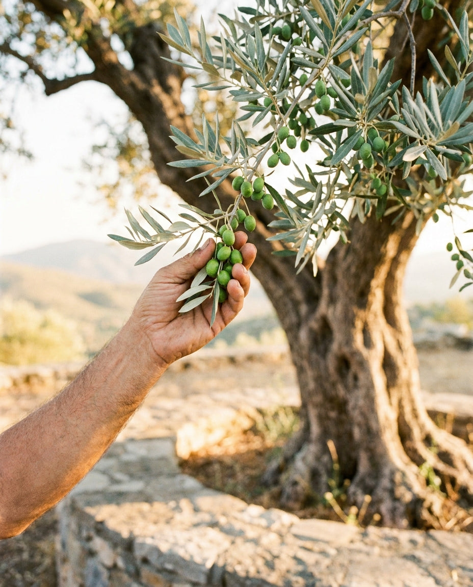 A single weathered hand picking fresh green Koroneiki olives from a silver-leaved branch in a Kalamata grove at golden hour.