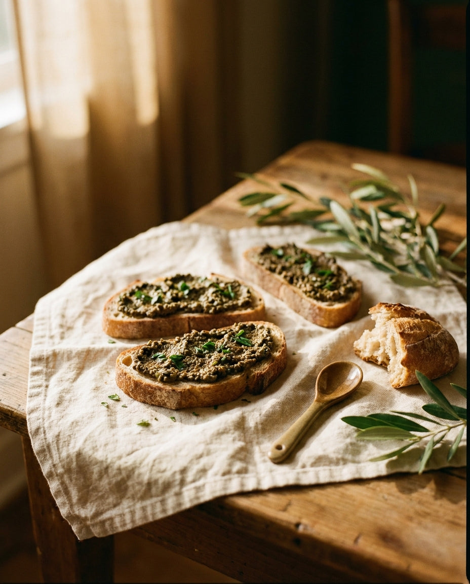 Crostini with green olive spread on warm cream linen.