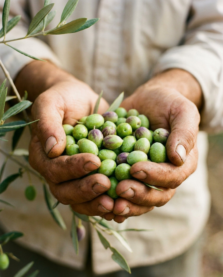 Cupped hands holding fresh green Koroneiki olives, morning light.