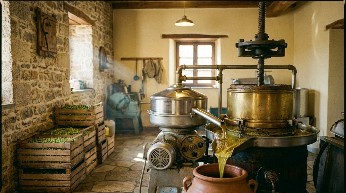 Interior of the Damouras Brothers mill in Trikorfo, warm tungsten light.