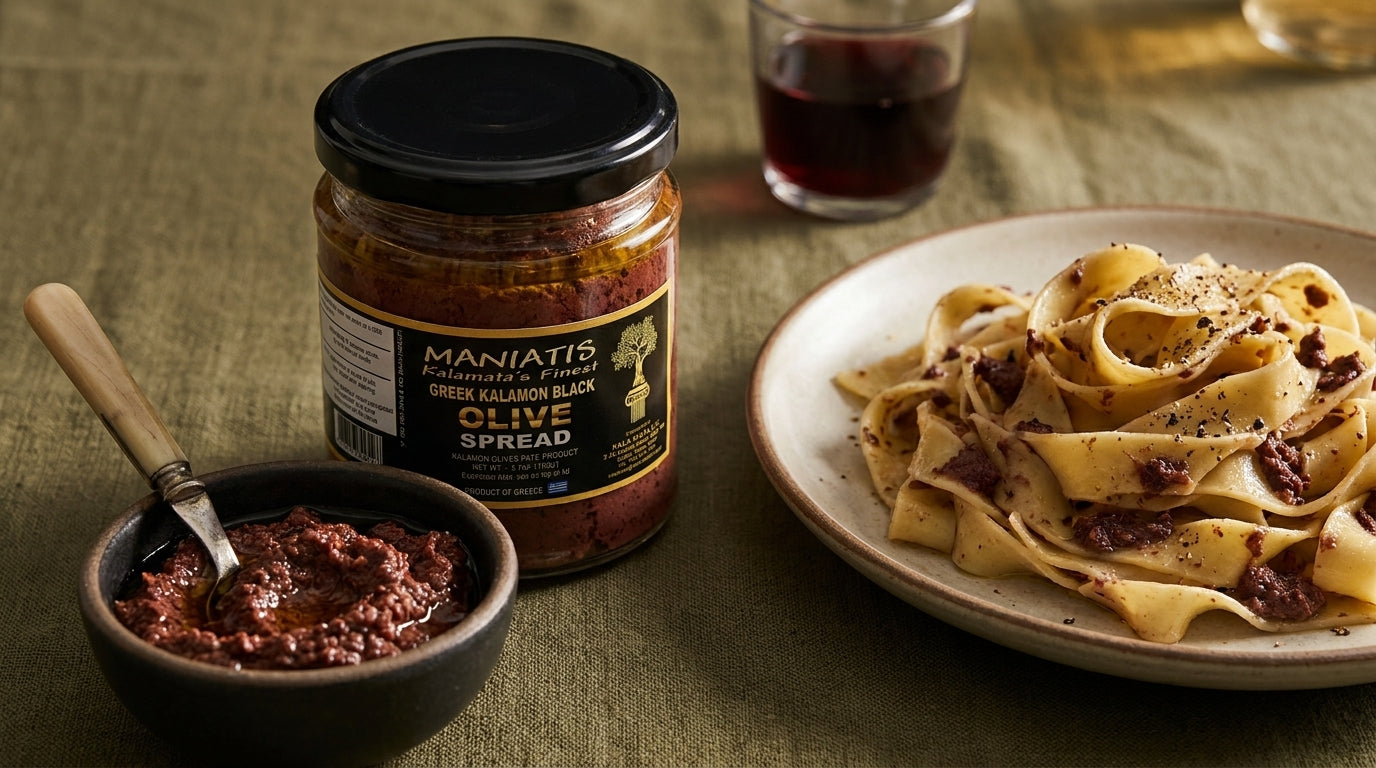 A stoneware bowl of black olive spread beside a plate of hot pasta folded with the spread, a glass of red wine in soft focus.