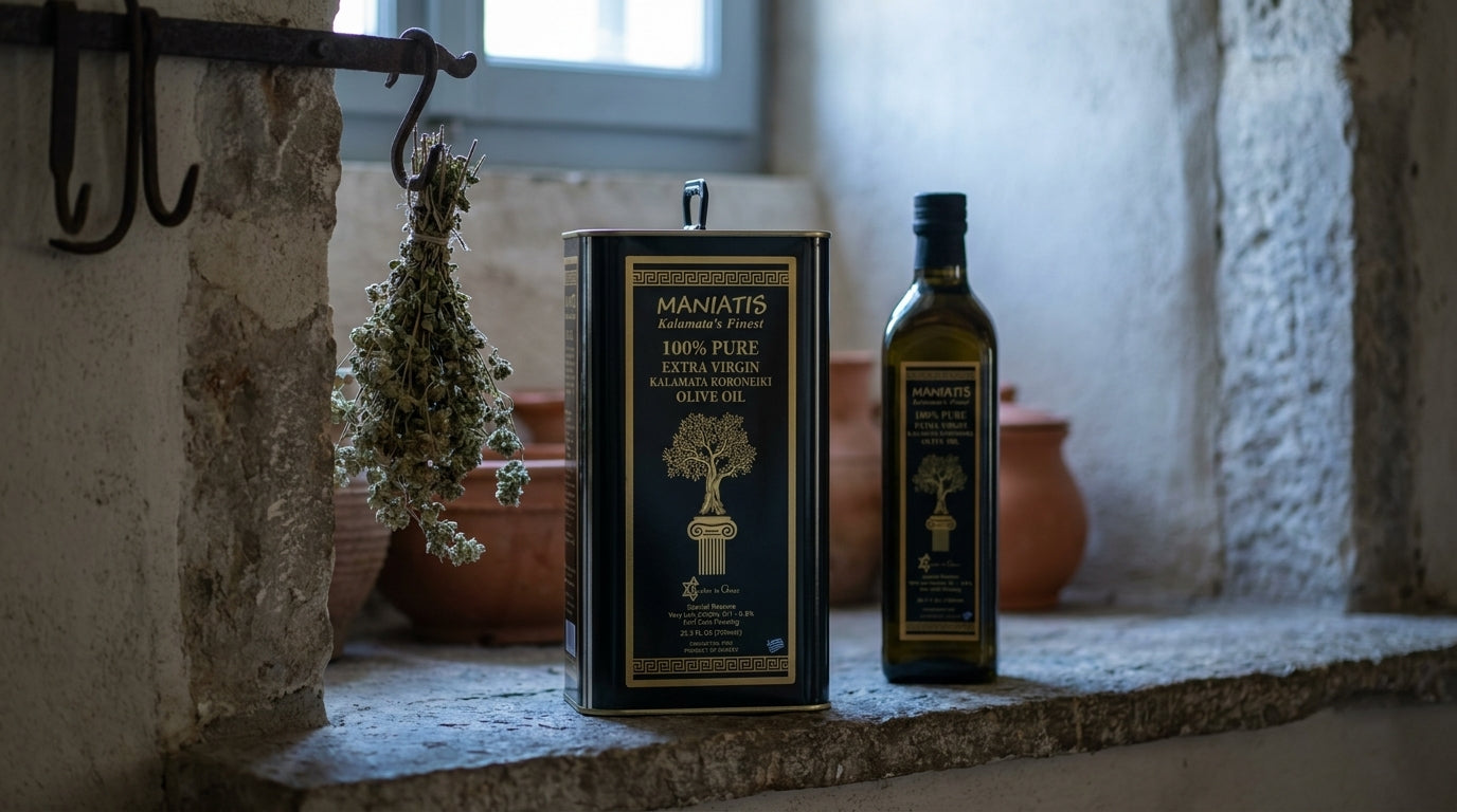 A 3-liter Maniatis olive oil tin on a stone pantry shelf beside a smaller decant bottle, with terracotta pots and dried oregano in soft focus.