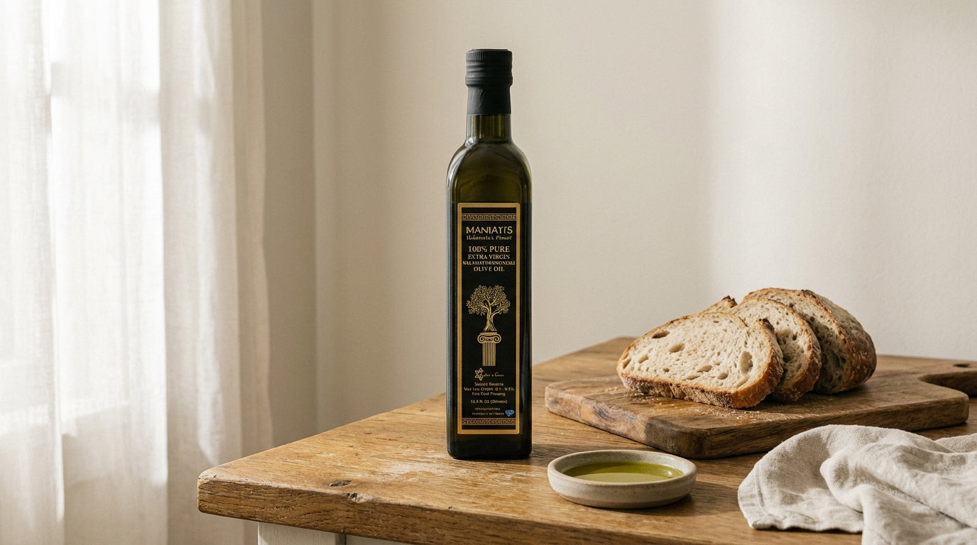 A dark-green bottle of Maniatis extra virgin olive oil on a worn oak counter beside sliced country bread and a small dish of oil.