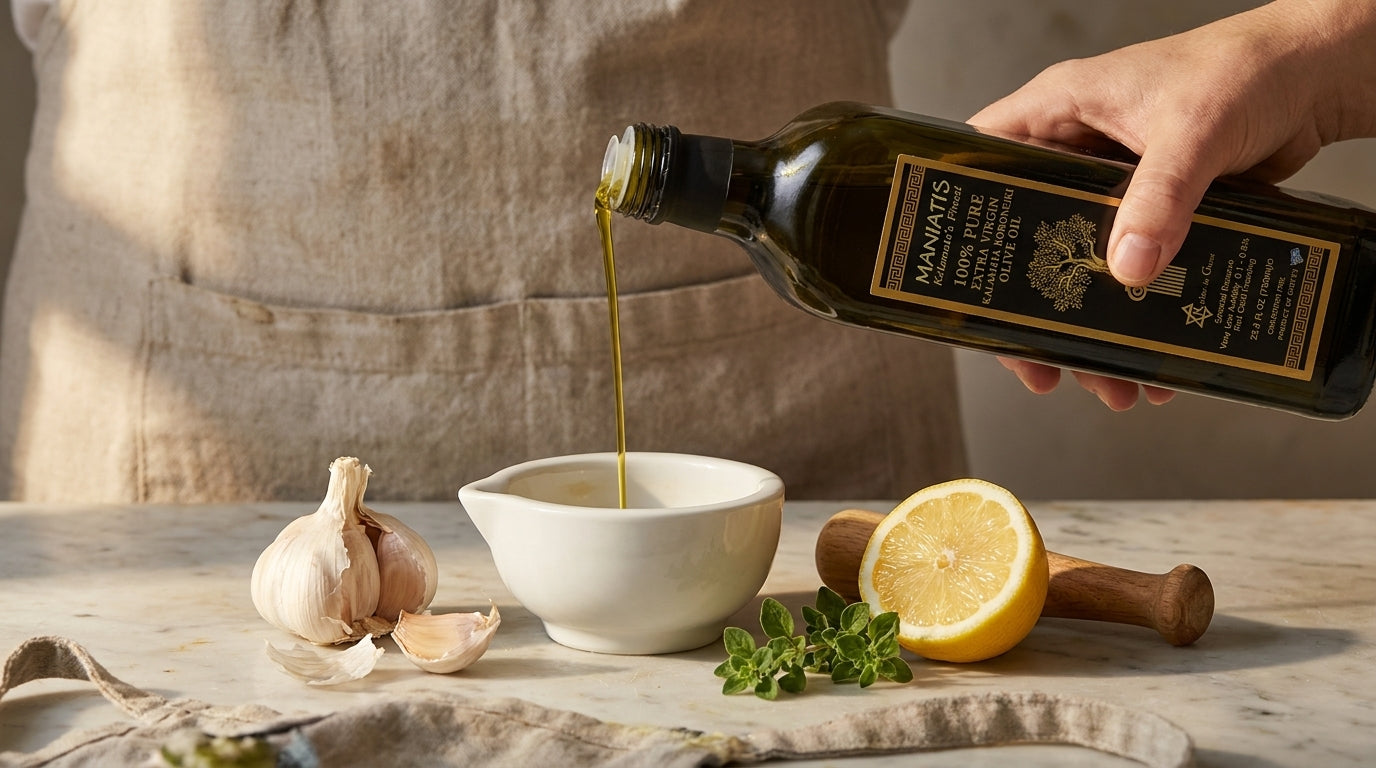 A hand pouring a thin stream of green-gold olive oil into a white porcelain mortar with garlic, lemon, and fresh oregano beside it.