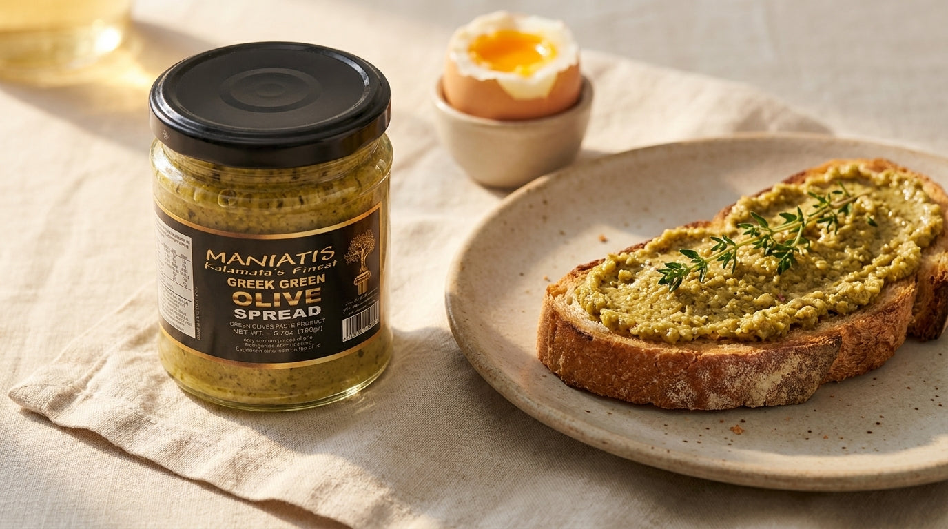 Green olive spread piled on a thick slice of rustic country toast with a sprig of thyme, a soft-boiled egg in soft focus beside it.