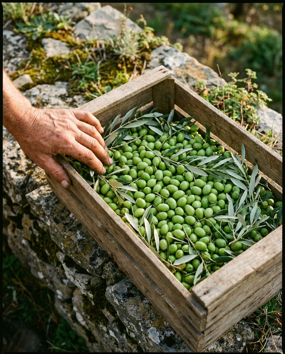 Freshly picked green Koroneiki olives in a weathered wooden crate on a stone terrace.